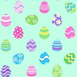 May include: A pattern of colorful Easter eggs on a light teal background. The eggs feature various designs, including stripes, polka dots, zigzags, and floral patterns in shades of pink, purple, blue, green, and yellow. The eggs are scattered across the surface.