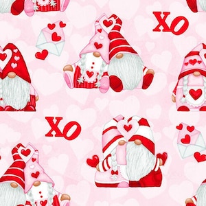 Gnomie Love Pink Hugging Gnomes, Henry Glass fabric, Valentine fabric, Shelly Comiskey, 100% cotton quilting sewing fabric, SOld in 1/2 Yard