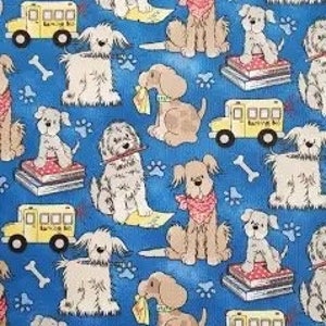 Back to School Pups, Royal Blue, Cute Dog fabric,  Fabric Traditions, 100% cotton quilting fabric, SOLD by 1/2 YARDS continuous piece