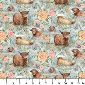 May include: A repeating pattern of Highland cows, roses, and greenery on a light blue background. The fabric features various sizes of brown cows, peach and pink roses, and small green plants. The pattern repeats across the 12-inch width.