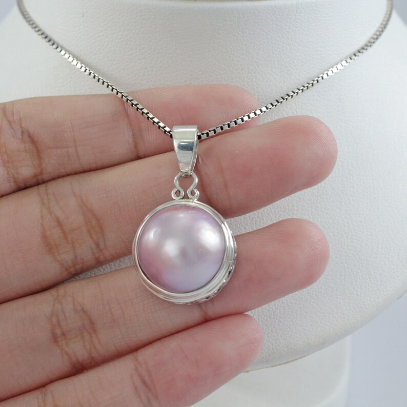 pink pearl Pendant for women beautiful round pendant with genuine pacific Pink mabe pearl decorated with Bali swirl filigree