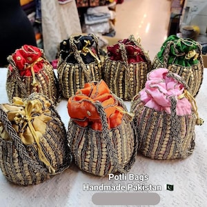 Bolso Potli de seda india hecho a mano: bolso de mano nupcial con cuentas, recuerdo de boda étnico tradicional, bolso con cordón ajustable