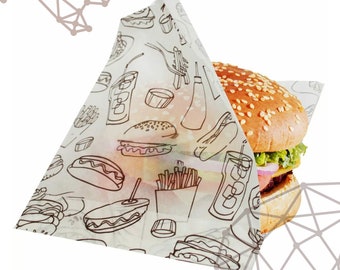 Vegware Grill Theme Printed Greaseproof Papers Burger Bags - Durable Coated Roll for Fast Food Packaging Wrapping Sheets Paper