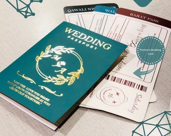 Luxury Green Destination Wedding Passport Invitation Cards with Boarding Pass, Multicolor printing Destination Invites Map Wedding Cards.