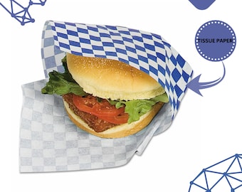 Bagcraft Blue Checkered Grease-Resistant tissue Paper Wrap 70 GSM fast food Liner - Ecocraft  Natural 12 X 12 - custom sizes available
