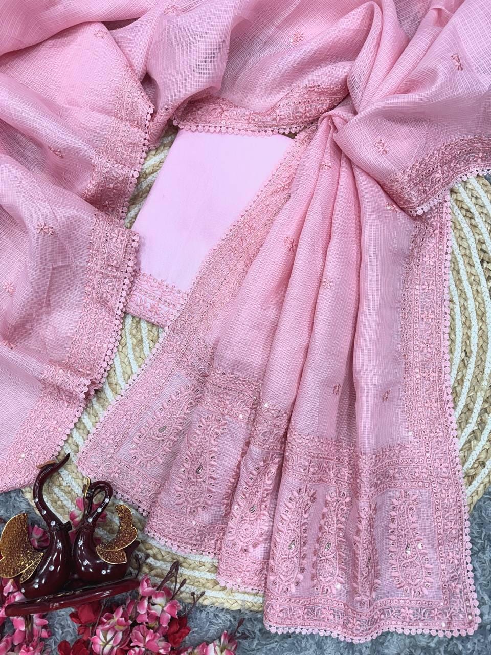 Partywear Designer Pink Saree for Women| Heavy Kota Chex Saree with Embroidery & Lace | Wedding Saree with Blouse | Ethnic Sari|Gift for her