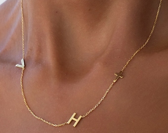 Multiple Tiny Letter Necklace, Sideway Triple Alphabet Necklace, Gold Letters Necklace, Custom Initial Necklace, Customized Alphabet Jewelry