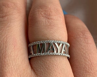 Micro Pave CZ Rainbow CZ Eternity Ring Custom Engraved Personalized Rings 14k Gold over Sterling Silver Stacking Rings