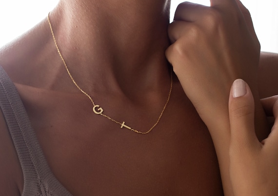 14K Solid Gold Two Initials Necklace Sideways Initial Minimalist Necklace |  eBay