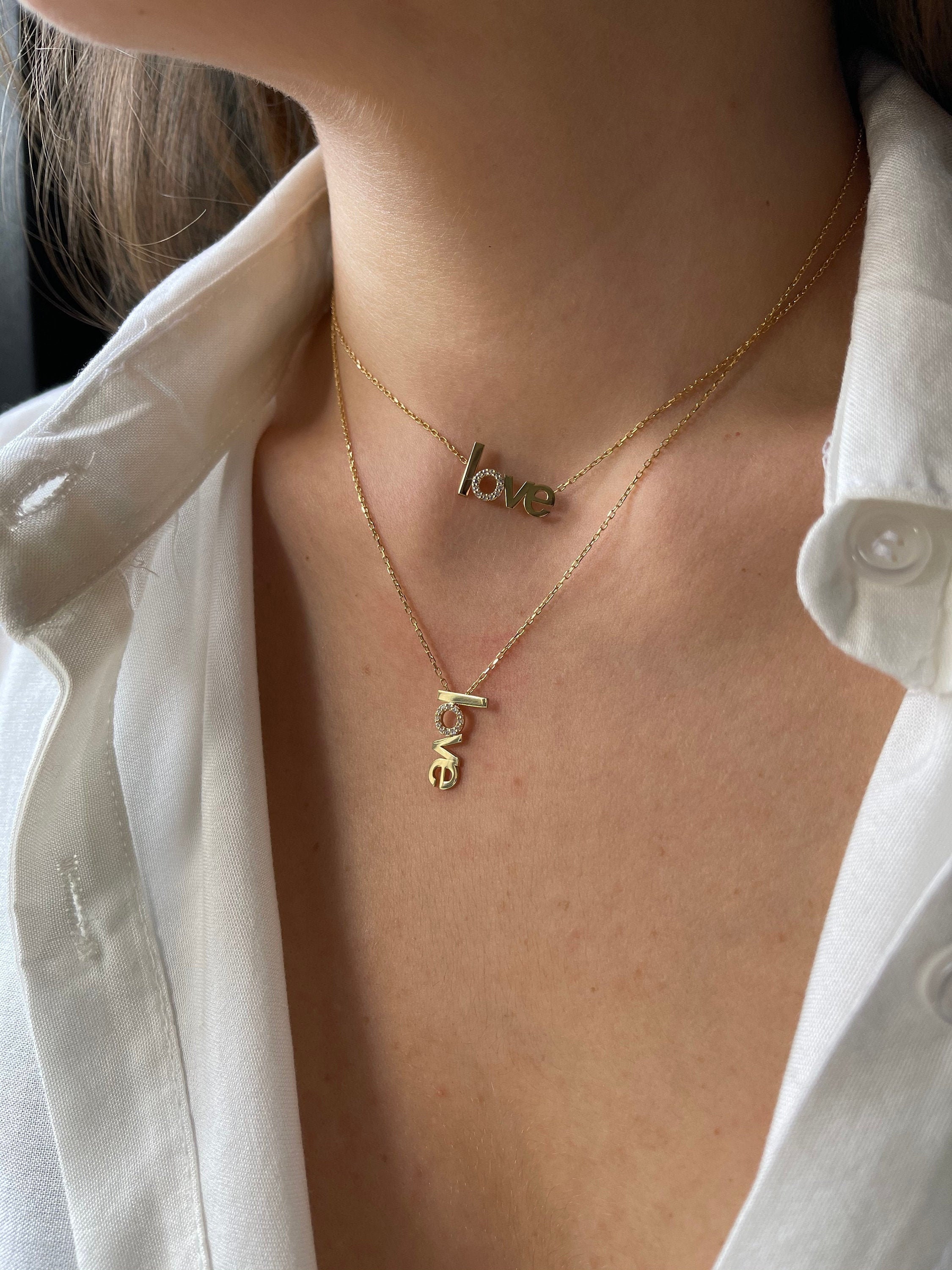 Vertical Love Pendant Horizontal Love Script Necklace Gold Love