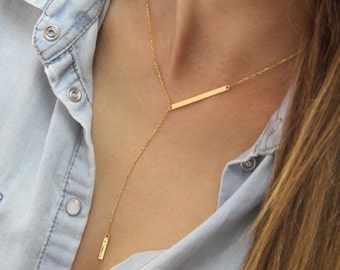 Bar Lariat Necklace, Chain Drop Necklace, Dainty Y Necklace, Gold Layering Necklace, Drop Bar Necklace, Delicate Y Necklace, Bar Drop Lariat