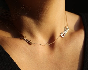 Sideway Two Name Necklace, Double Name Necklace, Script Name Jewelry, Personalized Name Necklace, Sideway Name Necklace, Custom Script Name