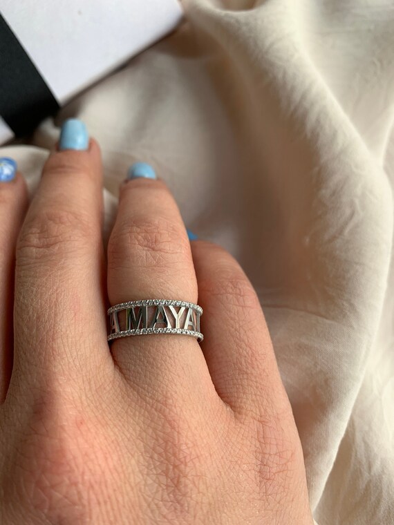 Personalized Numeral Jewelry Pave Name Ring Gold Date Ring 14K