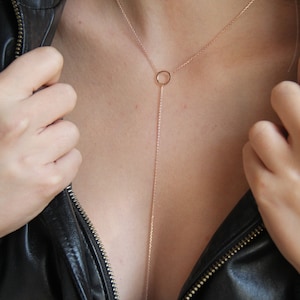 Circle Necklace with Bar Lariat, Gold Y Necklace, Circle Bar Necklace, Eternity Bar Lariat, Gold Layering Necklace, Skinny Gold Bar Lariat