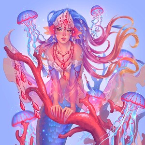 May include: A mermaid with long pink and orange hair sits on a red coral branch. She wears a pink and blue dress with red jewels. Blue jellyfish with pink accents float around her.