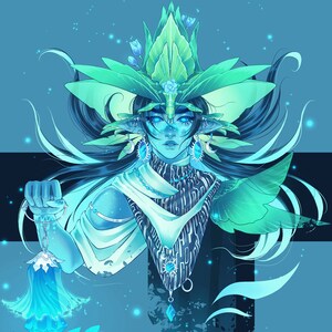May include: A fantasy illustration of a female figure with blue skin and long dark hair wearing a leafy crown and a white shawl. She holds a glowing blue crystal pendant in her hand. The background is a blue and black gradient with glowing blue dots.