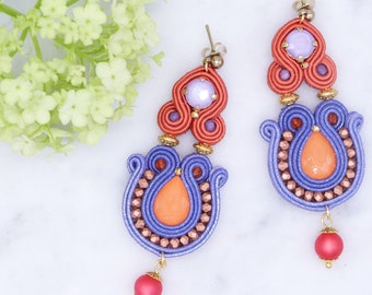 Bohemian Earrings, silver 925  studs,orange and Lillac, hand-sewn with Soutache technique , crystals Swarovski,beads ans Souta