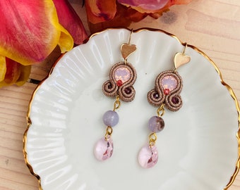 LOVE Hand-embroidered earrings with narrow flat decorative braid, crystals Swarovski  with delicate colors of soft pink and lilac