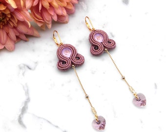 Drops Pink Earrings, Hand Sewn with Soutache, swarovaki crystals, Swarovski heart