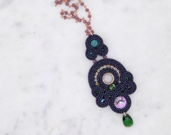 JELENE hand-embroidered necklace handmade with narrow flat decorative braid, crystals Swarovski and beads