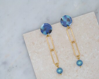 long blue drop earrings\ blue earrings dangle\cellulose dangle earrings\modern statement earrings gift for her\colorful statement earrings