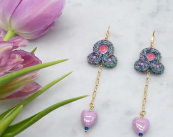 Dangle Drop Earrings Hand-embroidered   with narrow flat decorative braid, crystals Swarovski, beads and ceramic heart