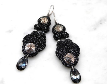 LILIBET  Hand-embroidered long earrings made with narrow flat decorative braid, crystals Swarovski and beads