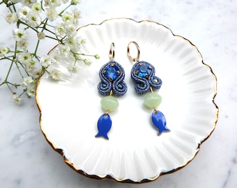 Blue Drops Earrings hand sewn with Soutache Technique, Swarovski, beads