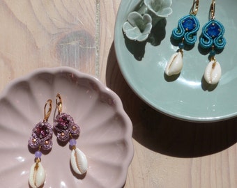 Lipari Soutache Earrings/puka shell earrings/ summer earrings/hawaii earrings/ handmade earrings