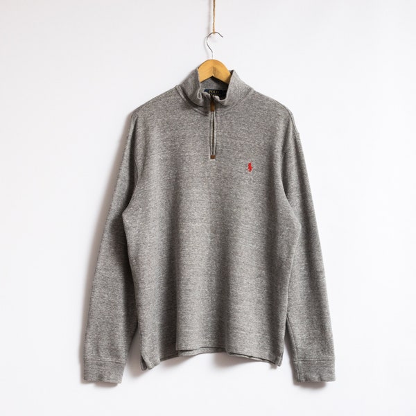 Polo Ralph Lauren Sweatshirt 90s Half-Zip Sports Sweater, Grey, Mens Large