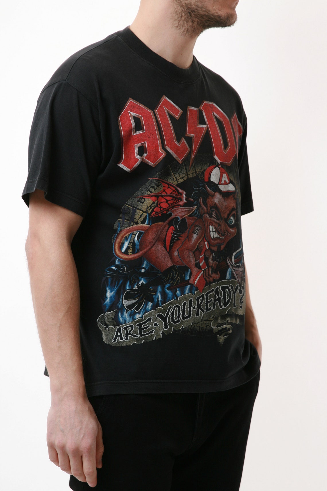 90s Rare AC/DC Vintage Graphic Print Black Oldschool Tee Shirt T-shirt