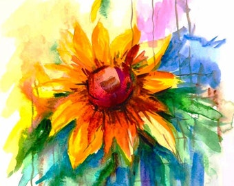 Sunflower Watercolor Painting Original Art Abstract  Floral Small Artwork 10 by 10  by OlyaARTStudio