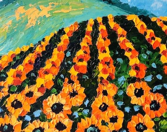 Sunflower Field Painting, Ukrainian Landscape Art, Impasto Oil, 10x10