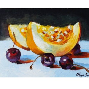 Melon and Cherries Vibrant Still Life Painting Original Oil Art Sliced Cantaloupe   for  Kitchen 7 by 5 inches