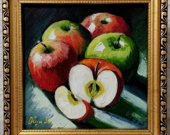 Apples  Painting Original Still Life Fruit Small  Oil Painting in Gold Frame for Home Wall Decor 6 by 6 inches by OlyaARTStudio