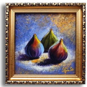 Three Figs  Painting Original Oil Art  Impressionist Still Life in Gold Frame 6 by 6 inches by OlyaARTStudio