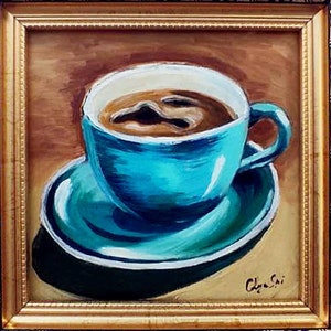 Framed Coffee Cup Oil Painting: Kitchen Still Life Art (6x6 inches)