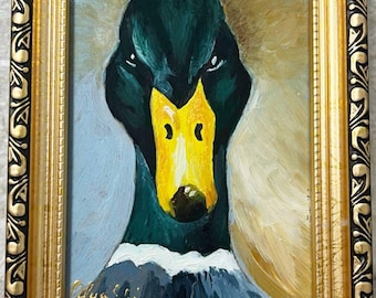 Olieverfschilderij wilde eend: originele ingelijste muurkunst (4 x 6 inch)