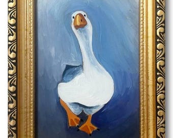Silly Goose Oil Painting: Original Framed Nursery Art, 4x6 inches