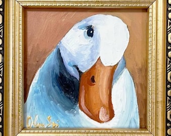 Goose Painting: Miniature Original Oil Art in Gold Frame (4x4 inches)