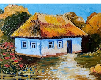 Ukrainian Village Oil Painting: Fall Landscape Impasto Art (8x12)