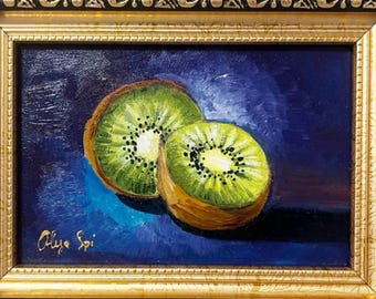 Kiwi Painting Original Oil  Art Still Life Fruit Painting in Framed Food Picture Kitchenwall Art 6 x 4&quot; by OlyaARTStudio