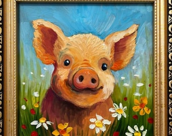 面白い豚の油絵：気まぐれな農場の動物アート、6×6インチ - Etsy 日本
