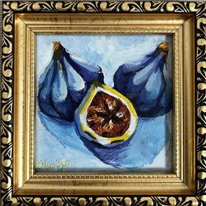 Fig Oil Painting Original Art Miniature Painting 4 by 4 inches  Fruit Still Life Wall Art Golden Framed  by OlyaARTStudio