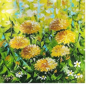 Dandelion Painting Original Art Impasto Oil Painting Created With Palette Knife on Panel Yellow  Flowers Artwork 10 by 10 by OlyaARTStudio