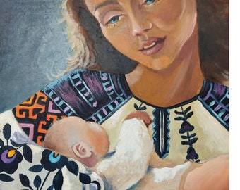 Ukrainian Mother and Baby Oil Painting, Original Palette Knife Art (12x12)