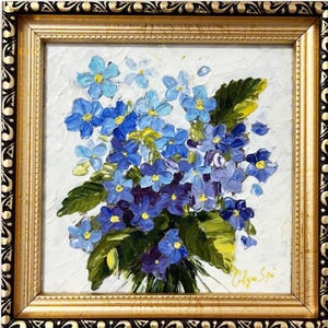 Forget-Me-Not Painting Blue Flowers Original Art Small Oil Painting  Textured  Wall Art Gold Framed Wall Art 6 by 6 inches by OlyaARTStudio