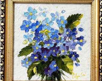 忘れな草の絵画 花 オリジナルアート インパスト 油絵 額入り 4x4