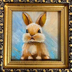 Bunny Portrait Original Oil Painting Cute Rabbit Small Animal Painting Gold Framed Wall Art 4 by 4 inches