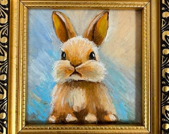 Retrato de conejo, pintura al óleo, arte animal pequeño con marco dorado, 4x4